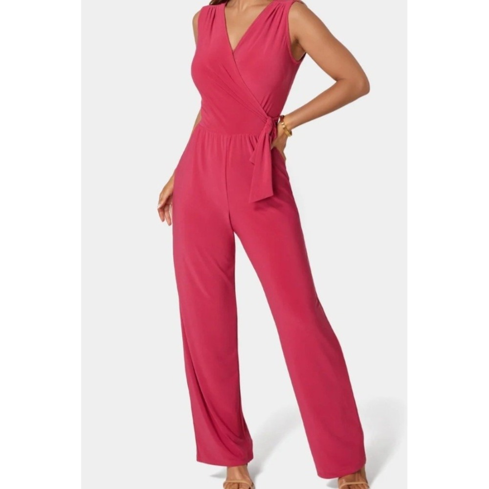Bebe Women's Jersey Wrap Tie Jumpsuit Color Pink Size L‎ NWT
